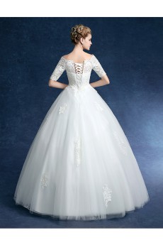 Tulle, Lace, Satin Off-the-Shoulder Floor Length Half Sleeve Ball Gown Dress with Embroidered