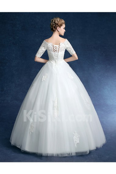 Tulle, Lace, Satin Off-the-Shoulder Floor Length Half Sleeve Ball Gown Dress with Embroidered