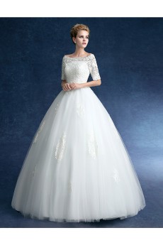 Tulle, Lace, Satin Off-the-Shoulder Floor Length Half Sleeve Ball Gown Dress with Embroidered