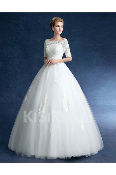 Tulle, Lace, Satin Off-the-Shoulder Floor Length Half Sleeve Ball Gown Dress with Embroidered