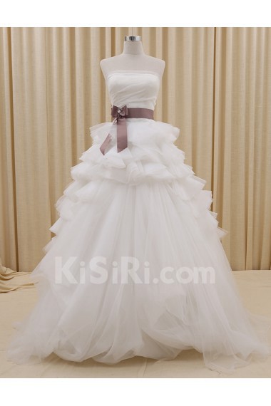 Tulle, Satin Strapless Sweep Train Sleeveless Ball Gown Dress with Bow