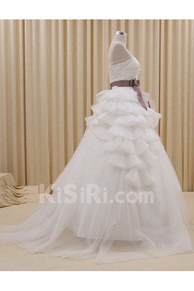 Tulle, Satin Strapless Sweep Train Sleeveless Ball Gown Dress with Bow