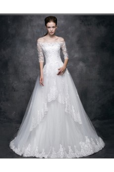 Tulle, Lace, Satin Off-the-Shoulder Chapel Train Half Sleeve A-line Dress with Beads