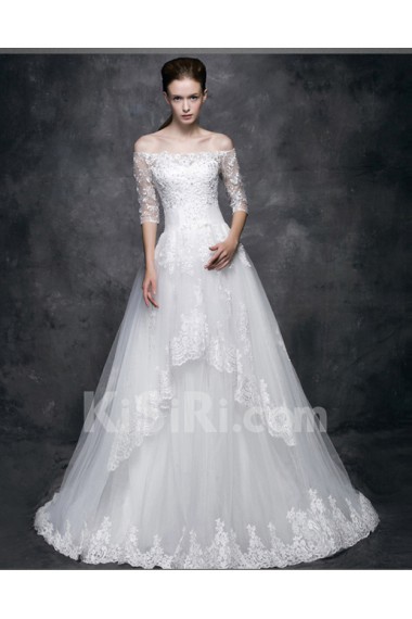 Tulle, Lace, Satin Off-the-Shoulder Chapel Train Half Sleeve A-line Dress with Beads