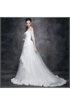 Tulle, Lace, Satin Off-the-Shoulder Chapel Train Half Sleeve A-line Dress with Beads