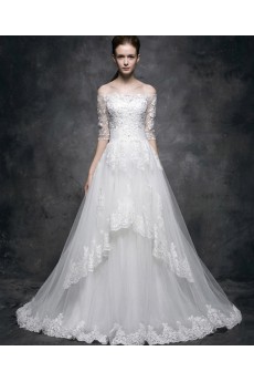 Tulle, Lace, Satin Off-the-Shoulder Chapel Train Half Sleeve A-line Dress with Beads