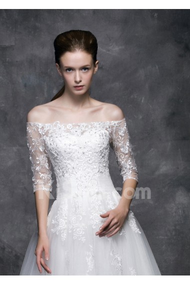 Tulle, Lace, Satin Off-the-Shoulder Chapel Train Half Sleeve A-line Dress with Beads