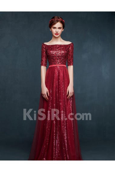 Tulle, Lace, Satin Off-the-Shoulder Floor Length Half Sleeve Sheath Dress with Sequins