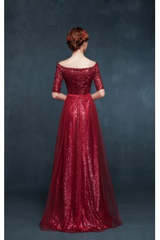 Tulle, Lace, Satin Off-the-Shoulder Floor Length Half Sleeve Sheath Dress with Sequins