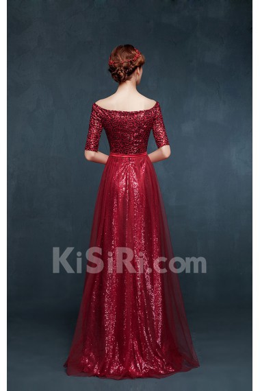 Tulle, Lace, Satin Off-the-Shoulder Floor Length Half Sleeve Sheath Dress with Sequins