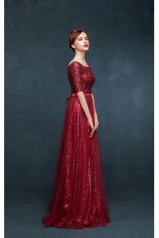 Tulle, Lace, Satin Off-the-Shoulder Floor Length Half Sleeve Sheath Dress with Sequins