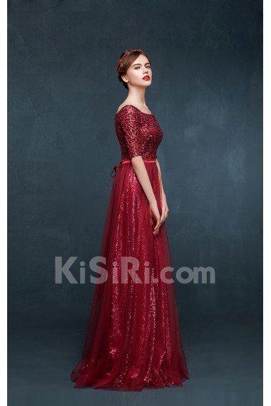 Tulle, Lace, Satin Off-the-Shoulder Floor Length Half Sleeve Sheath Dress with Sequins