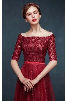 Tulle, Lace, Satin Off-the-Shoulder Floor Length Half Sleeve Sheath Dress with Sequins