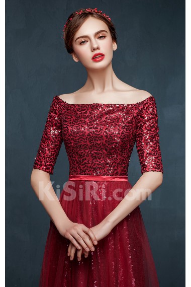 Tulle, Lace, Satin Off-the-Shoulder Floor Length Half Sleeve Sheath Dress with Sequins