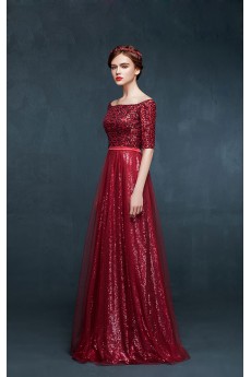 Tulle, Lace, Satin Off-the-Shoulder Floor Length Half Sleeve Sheath Dress with Sequins