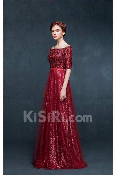 Tulle, Lace, Satin Off-the-Shoulder Floor Length Half Sleeve Sheath Dress with Sequins