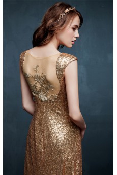 Tulle, Lace, Satin V-neck Floor Length Cap Sleeve Sheath Dress with Sequins