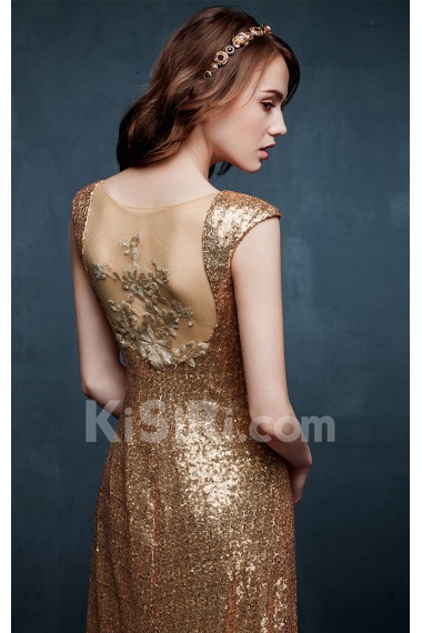 Tulle, Lace, Satin V-neck Floor Length Cap Sleeve Sheath Dress with Sequins