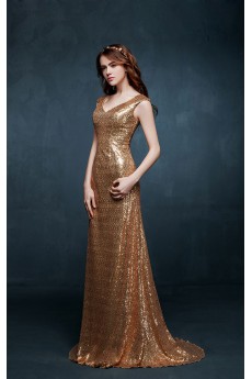 Tulle, Lace, Satin V-neck Floor Length Cap Sleeve Sheath Dress with Sequins