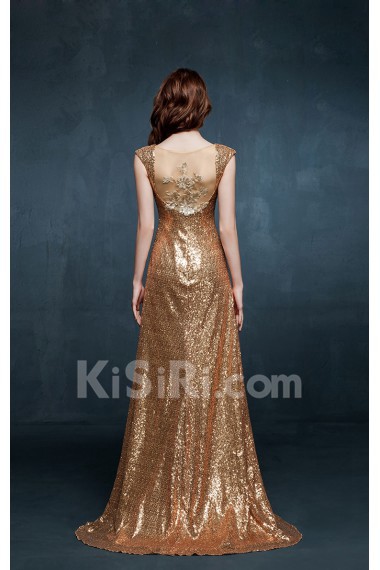 Tulle, Lace, Satin V-neck Floor Length Cap Sleeve Sheath Dress with Sequins