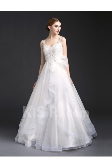 Tulle, Lace V-neck Floor Length Sleeveless A-line Dress with Beads, Sash