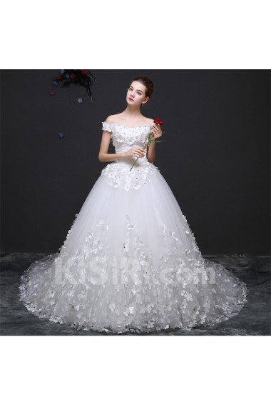 Lace, Tulle Off-the-Shoulder Cathedral Train Ball Gown Dress with Handmade Flowers, Rhinestone