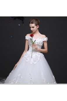 Lace, Tulle Off-the-Shoulder Cathedral Train Ball Gown Dress with Handmade Flowers, Rhinestone