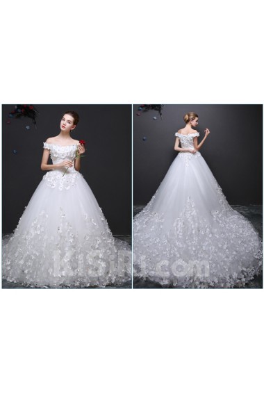 Lace, Tulle Off-the-Shoulder Cathedral Train Ball Gown Dress with Handmade Flowers, Rhinestone