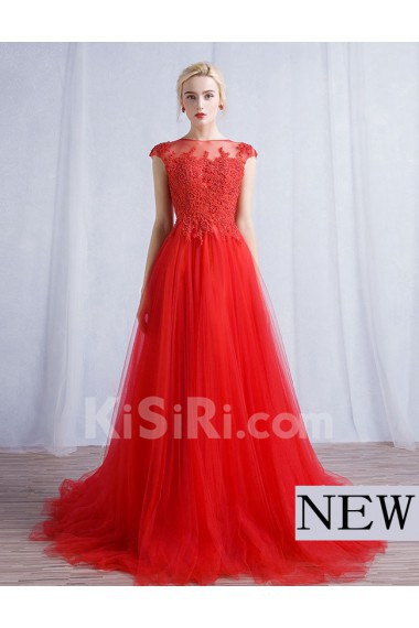 Tulle, Lace Bateau Floor Length Cap Sleeve A-line Dress with Beads