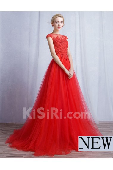 Tulle, Lace Bateau Floor Length Cap Sleeve A-line Dress with Beads