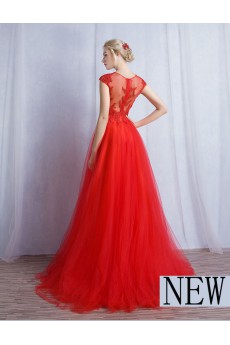 Tulle, Lace Bateau Floor Length Cap Sleeve A-line Dress with Beads