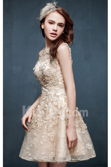 Lace, Tulle Jewel Mini/Short Sleeveless Ball Gown Dress with Embroidered