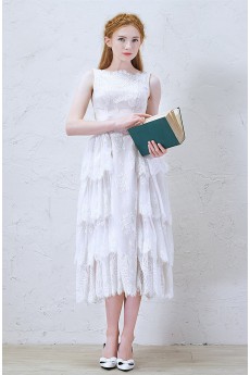 Lace, Tulle Bateau Tea-Length Sleeveless A-line Dress