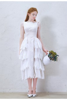 Lace, Tulle Bateau Tea-Length Sleeveless A-line Dress