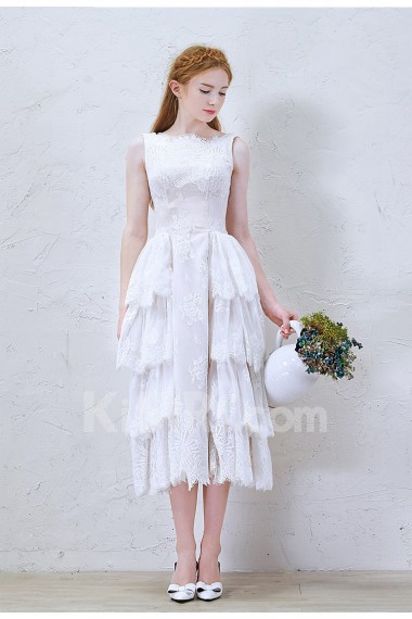 Lace, Tulle Bateau Tea-Length Sleeveless A-line Dress