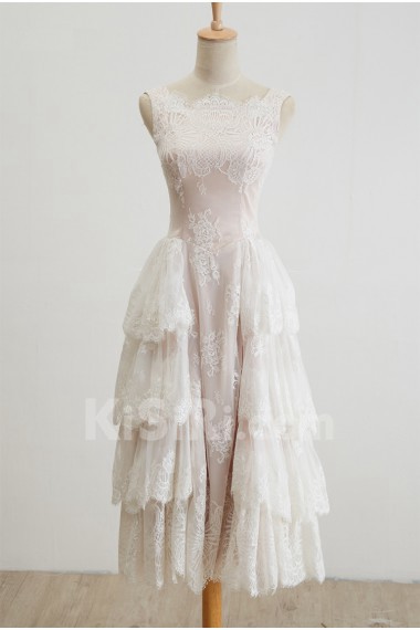 Lace, Tulle Bateau Tea-Length Sleeveless A-line Dress