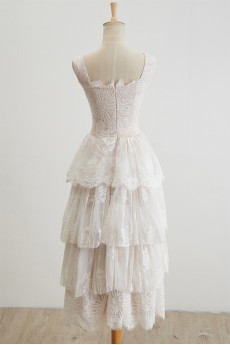 Lace, Tulle Bateau Tea-Length Sleeveless A-line Dress