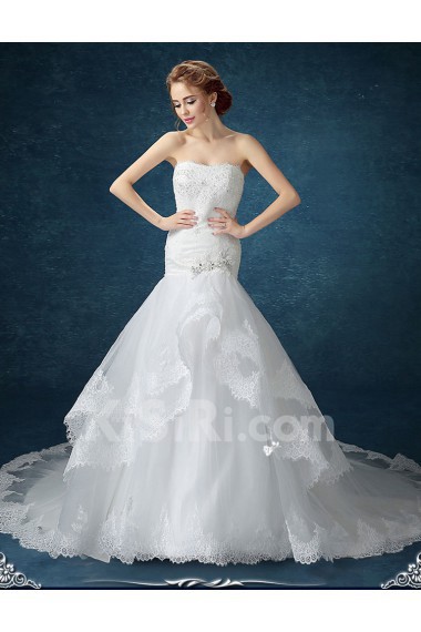 Chiffon, Tulle Strapless Chapel Train Sleeveless Mermaid Dress with Rhinestone