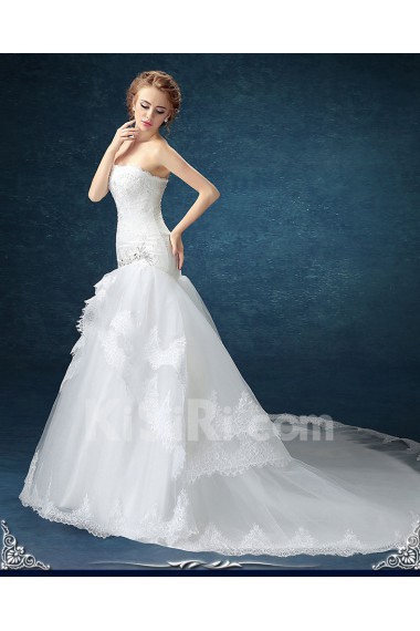 Chiffon, Tulle Strapless Chapel Train Sleeveless Mermaid Dress with Rhinestone