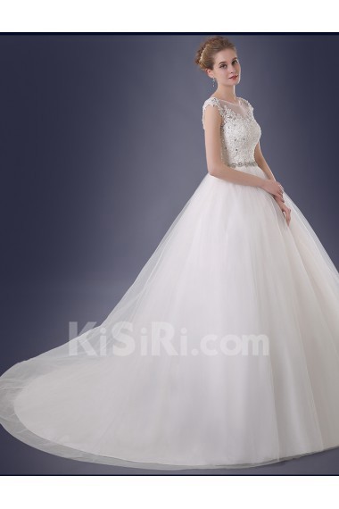 Organza, Lace Scoop Sweep Train Sleeveless Ball Gown Dress with Rhinestone