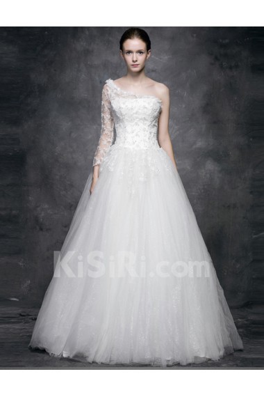 Lace, Satin, Tulle One-shoulder Floor Length Long Sleeve A-line Dress with Sequins