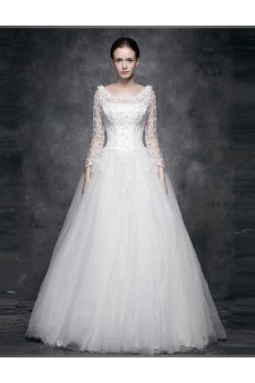 Lace, Satin, Tulle One-shoulder Floor Length Long Sleeve A-line Dress with Sequins