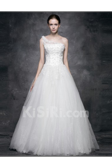 Lace, Satin, Tulle One-shoulder Floor Length Long Sleeve A-line Dress with Sequins