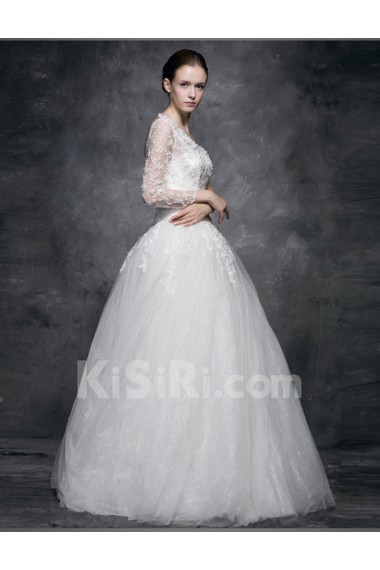 Lace, Satin, Tulle One-shoulder Floor Length Long Sleeve A-line Dress with Sequins