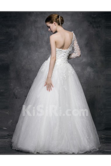 Lace, Satin, Tulle One-shoulder Floor Length Long Sleeve A-line Dress with Sequins