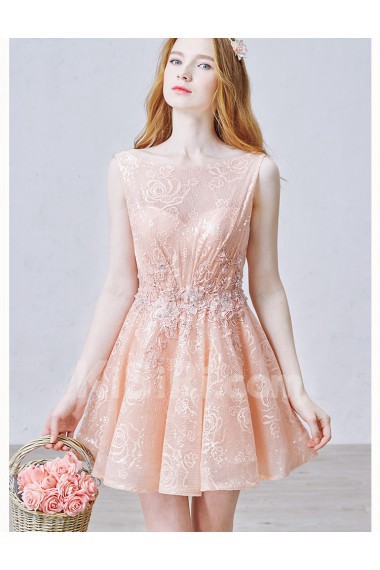 Lace, Tulle Bateau Mini/Short Sleeveless A-line Dress with Sequins, Rhinestone, Pearl