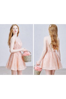 Lace, Tulle Bateau Mini/Short Sleeveless A-line Dress with Sequins, Rhinestone, Pearl