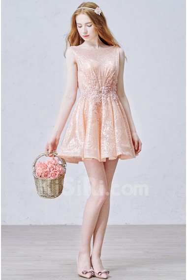 Lace, Tulle Bateau Mini/Short Sleeveless A-line Dress with Sequins, Rhinestone, Pearl