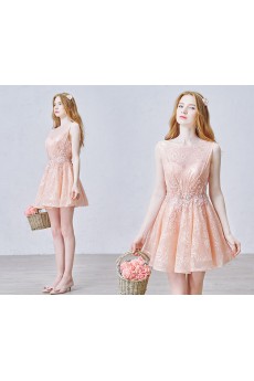 Lace, Tulle Bateau Mini/Short Sleeveless A-line Dress with Sequins, Rhinestone, Pearl