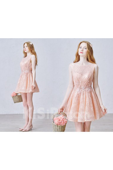 Lace, Tulle Bateau Mini/Short Sleeveless A-line Dress with Sequins, Rhinestone, Pearl